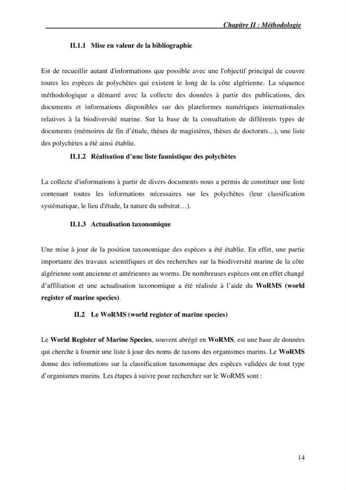 Inventaire de référence des polychètes de la côte algérienne composante de la base des données BANBIOM: