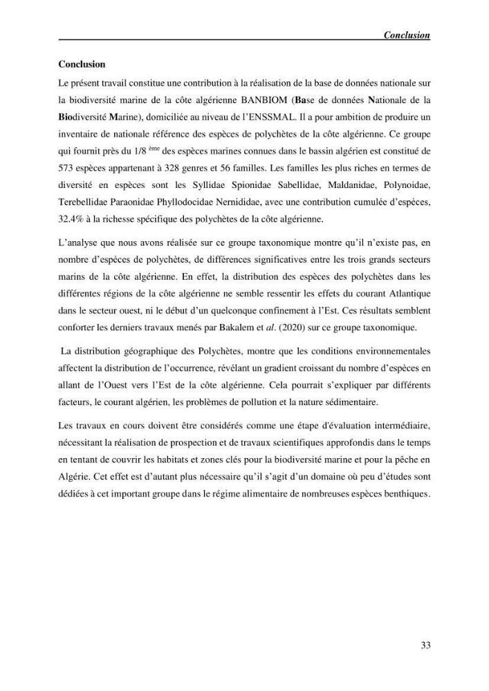 Inventaire de référence des polychètes de la côte algérienne composante de la base des données BANBIOM: