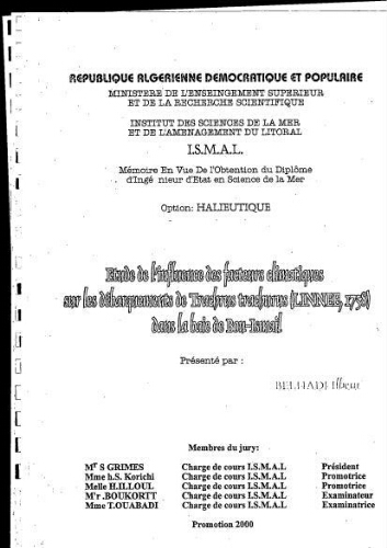 Etude de l'influence des facteurs climatiques sur les débarquements de Trachurus trachurus (Linné, 1758) dans la baie de Bou- Ismaïl Etude de l'influence des facteurs climatiques sur les débarquements de Trachurus trachurus (Linné, 1758) dans la baie de Bou- Ismaïl