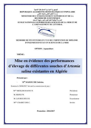 Mise en évidence des performances d'élevage de différentes souches d'Artémiz salina existantes en Algerie Mise en évidence des performances d'élevage de différentes souches d'Artémiz salina existantes en Algerie