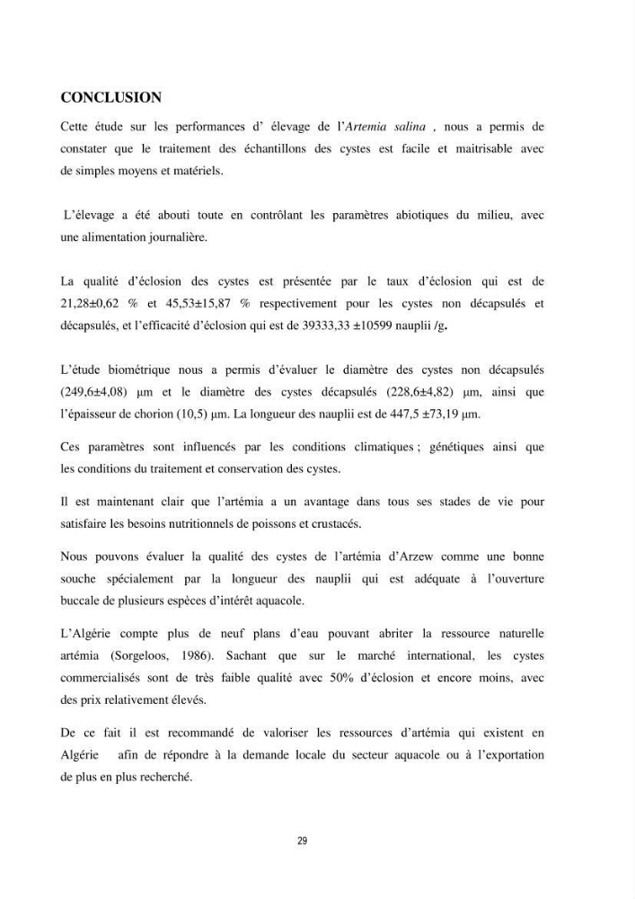 Mise en évidence des performances d\'élevage de différentes souches d\'Artémiz salina existantes en Algerie
