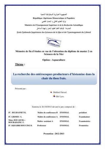 La recherche des entérocoques producteurs d'histamine dans la chair du thon frais: La recherche des entérocoques producteurs d'histamine dans la chair du thon frais:
