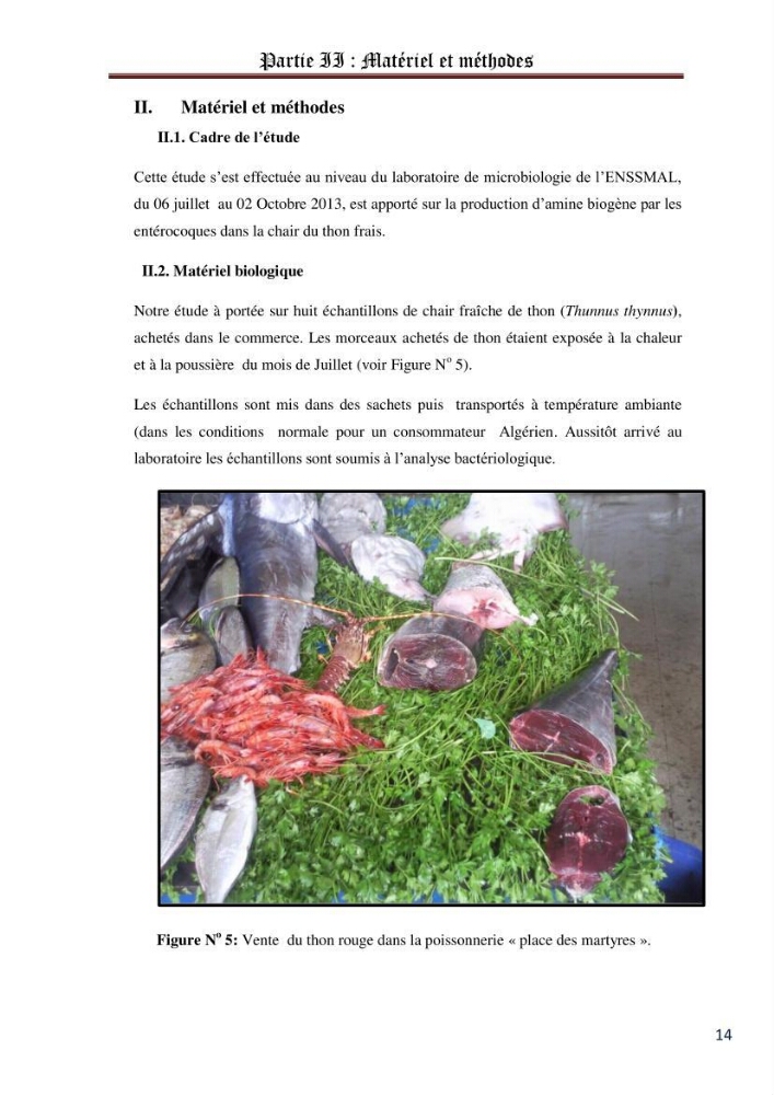 La recherche des entérocoques producteurs d\'histamine dans la chair du thon frais: