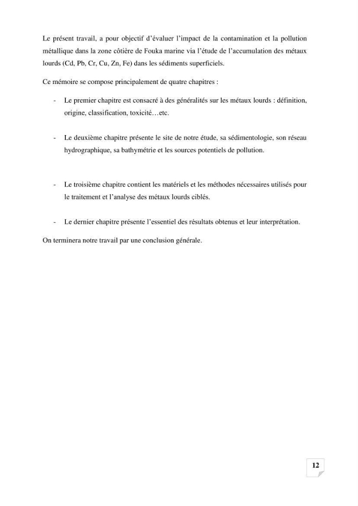 Suivi de la qualité des sédiments superficiels de Fouka marine par les métaux lourds