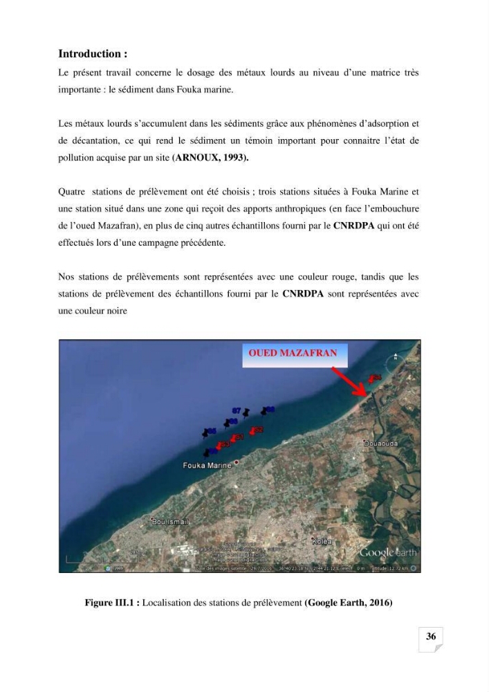 Suivi de la qualité des sédiments superficiels de Fouka marine par les métaux lourds