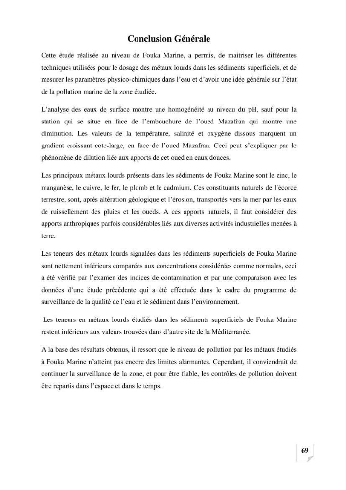 Suivi de la qualité des sédiments superficiels de Fouka marine par les métaux lourds