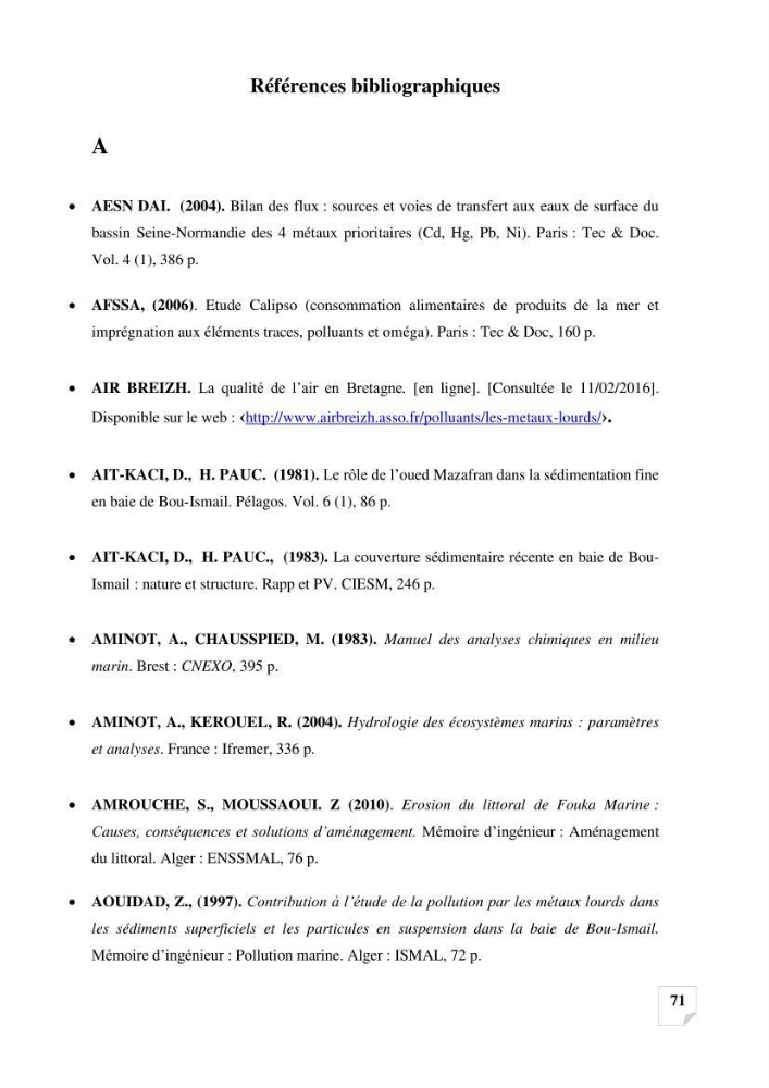 Suivi de la qualité des sédiments superficiels de Fouka marine par les métaux lourds