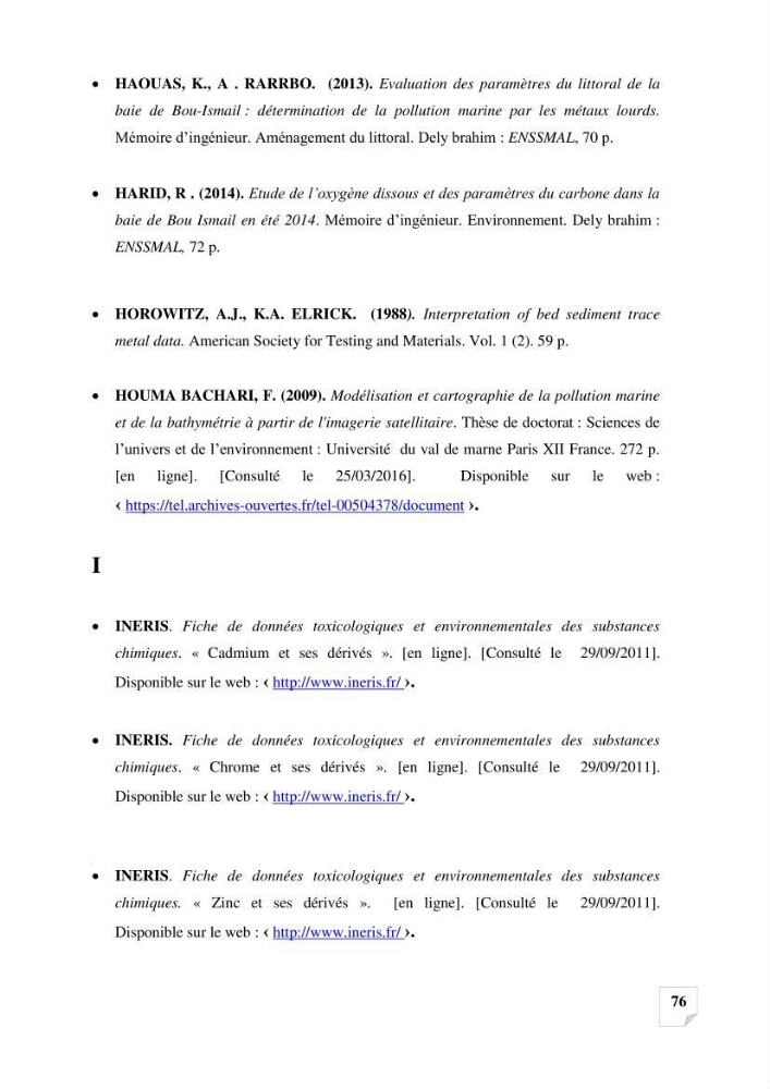 Suivi de la qualité des sédiments superficiels de Fouka marine par les métaux lourds