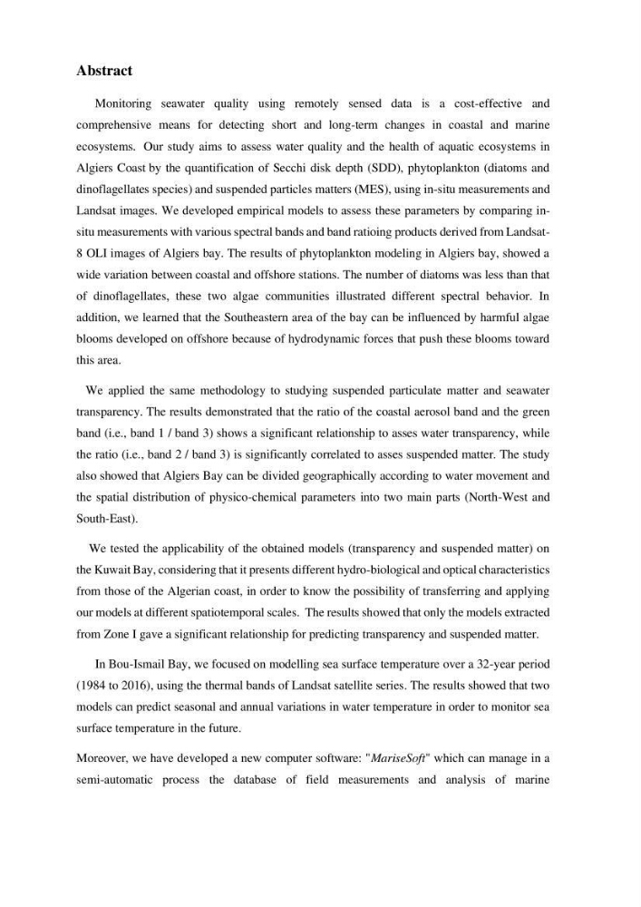 Evaluation de la couleur et de la qualité biologique des eaux marines de la côte algéroise à partir de l\'imagerie satellite et modélisation du phytoplancton marin