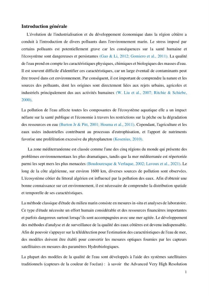 Evaluation de la couleur et de la qualité biologique des eaux marines de la côte algéroise à partir de l\'imagerie satellite et modélisation du phytoplancton marin