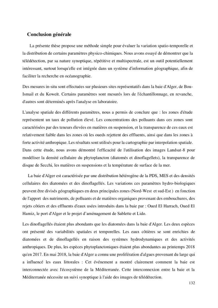 Evaluation de la couleur et de la qualité biologique des eaux marines de la côte algéroise à partir de l\'imagerie satellite et modélisation du phytoplancton marin
