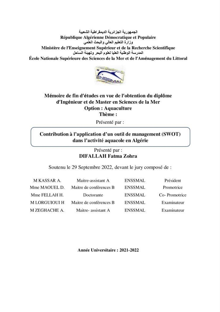 Contribution à l’application d’un outil de management (SWOT) dans l’activité aquacole en Algérie