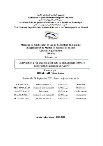 Contribution à l’application d’un outil de management (SWOT) dans l’activité aquacole en Algérie Contribution à l’application d’un outil de management (SWOT) dans l’activité aquacole en Algérie