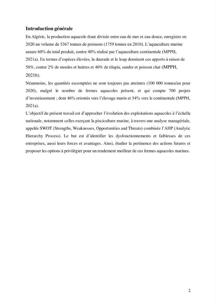 Contribution à l’application d’un outil de management (SWOT) dans l’activité aquacole en Algérie