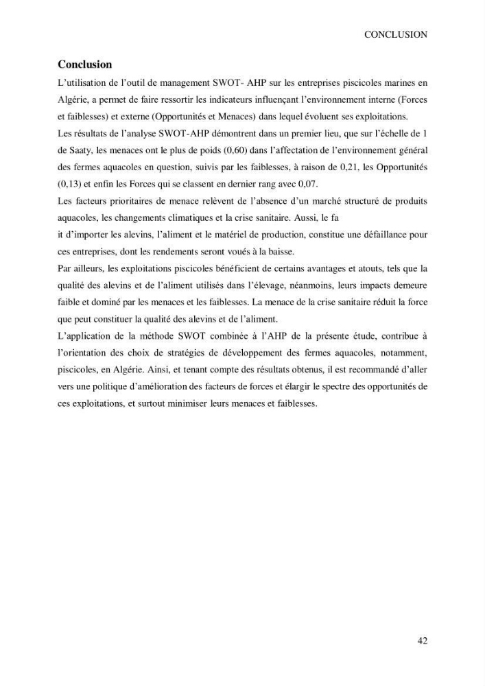 Contribution à l’application d’un outil de management (SWOT) dans l’activité aquacole en Algérie