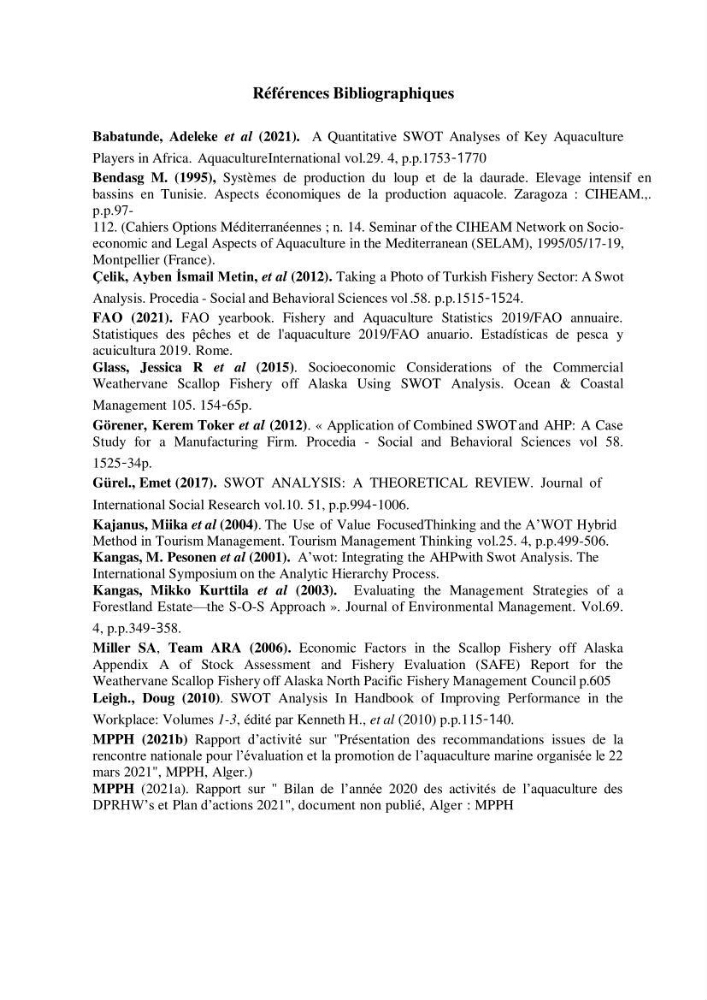 Contribution à l’application d’un outil de management (SWOT) dans l’activité aquacole en Algérie