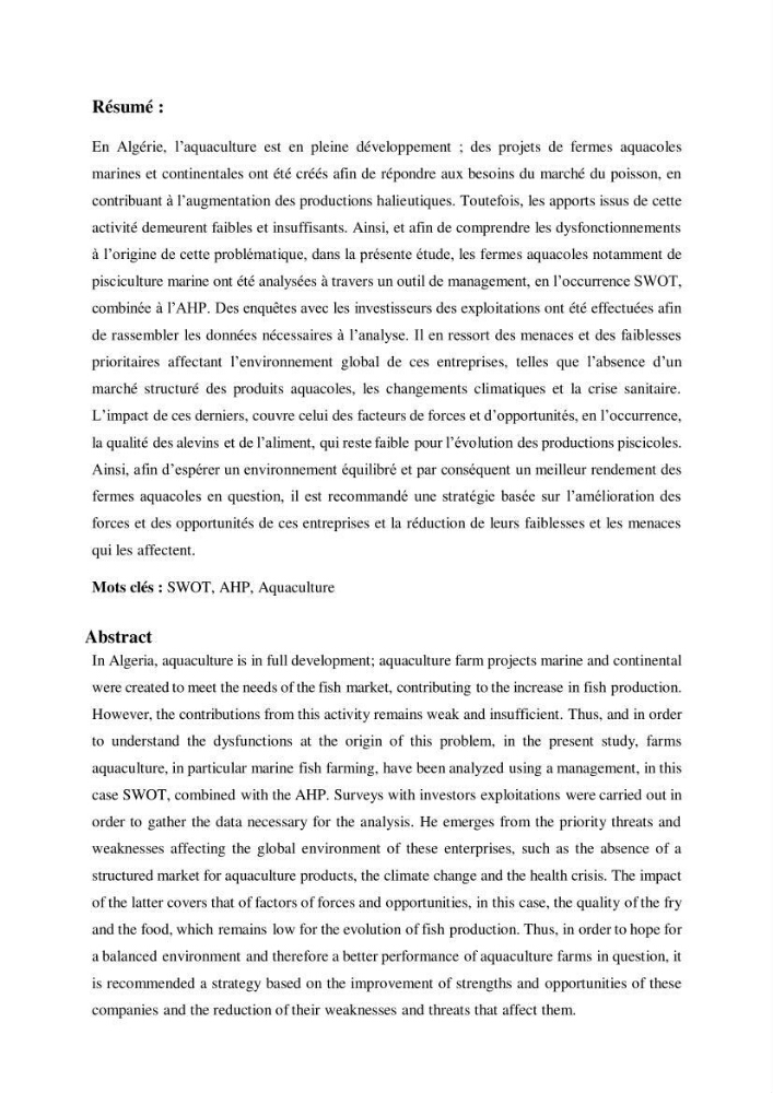 Contribution à l’application d’un outil de management (SWOT) dans l’activité aquacole en Algérie