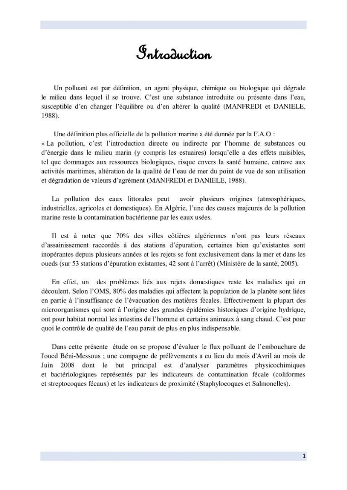 Contribution à l \'étude des paramètres physico-chimiques et bactériologiques de l\'embouchure de l\'oued \"Béni-Messous\":