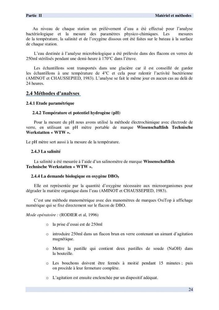 Contribution à l \'étude des paramètres physico-chimiques et bactériologiques de l\'embouchure de l\'oued \"Béni-Messous\":