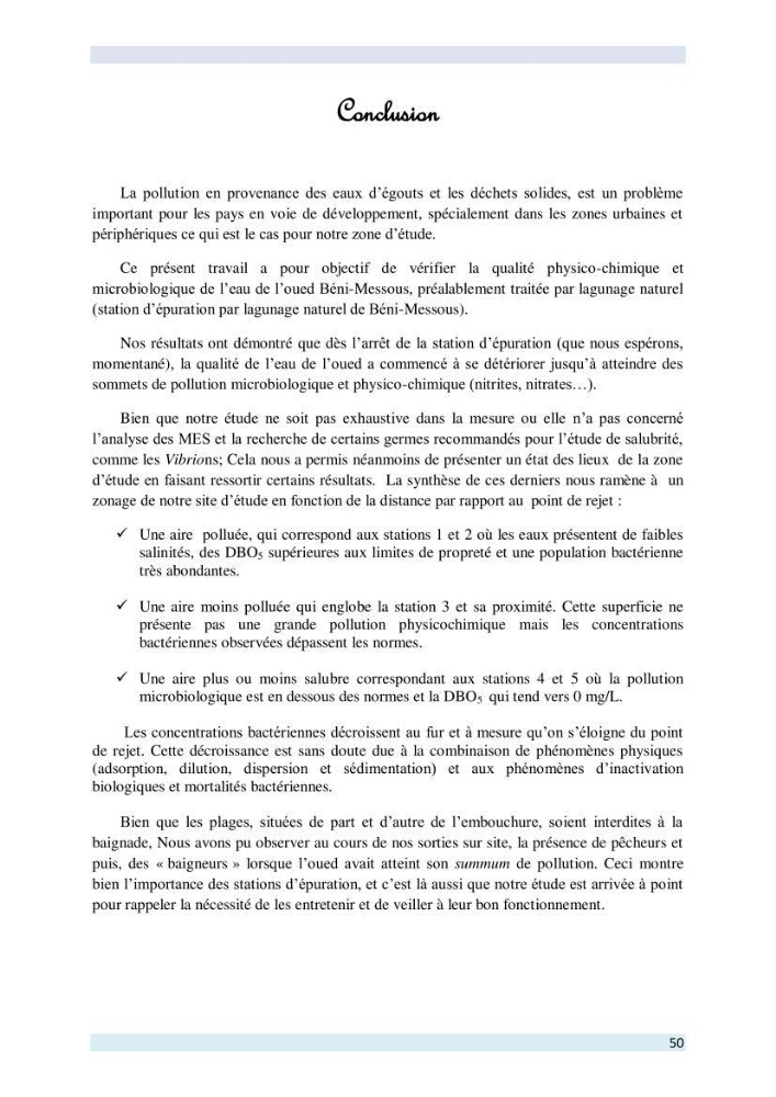 Contribution à l \'étude des paramètres physico-chimiques et bactériologiques de l\'embouchure de l\'oued \"Béni-Messous\":