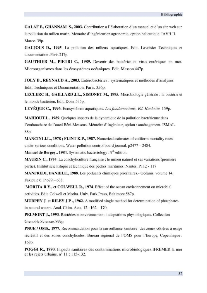Contribution à l \'étude des paramètres physico-chimiques et bactériologiques de l\'embouchure de l\'oued \"Béni-Messous\":