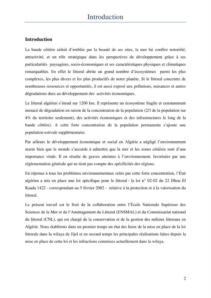 Evaluation de la mise en oeuvre de la loi 02-02 relative à la protection et à la valorisation du littoral au niveau de la wilaya de Jijel