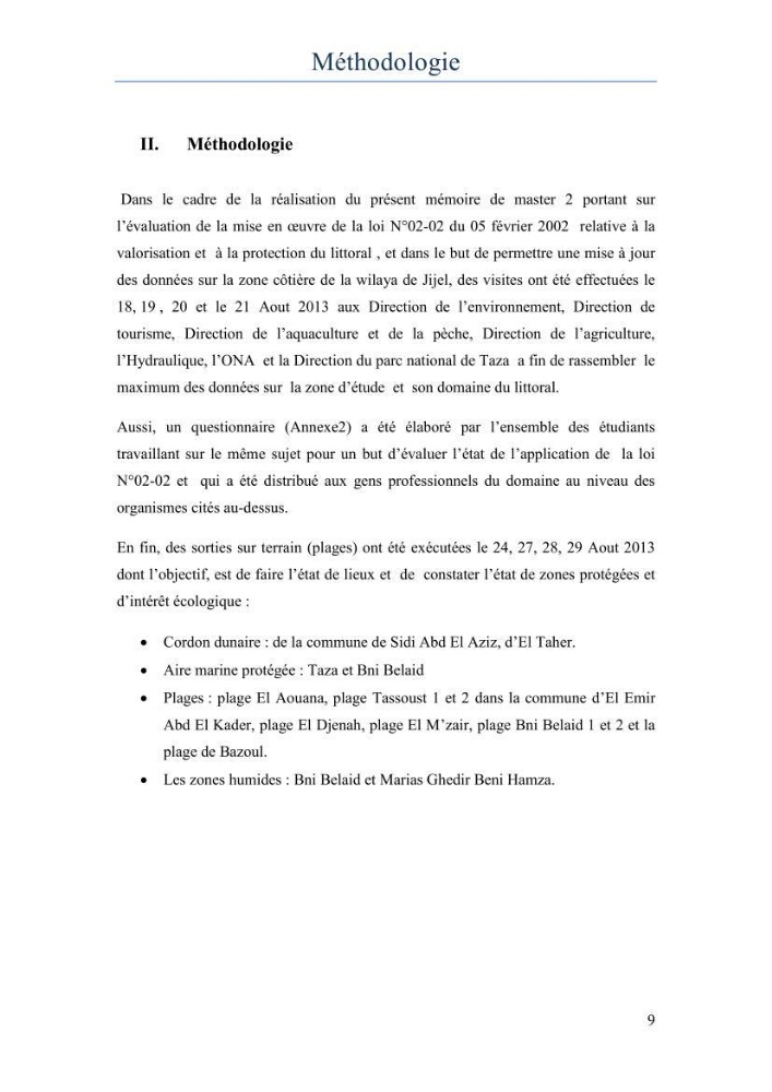 Evaluation de la mise en oeuvre de la loi 02-02 relative à la protection et à la valorisation du littoral au niveau de la wilaya de Jijel