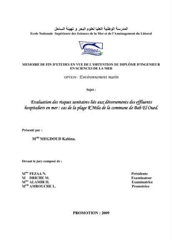 Evaluation des risques sanitaires liés aux déversements des effluents hospitaliers en mer: cas de la plage R'Mila de la commune de Bab El Oued Evaluation des risques sanitaires liés aux déversements des effluents hospitaliers en mer: cas de la plage R'Mila de la commune de Bab El Oued