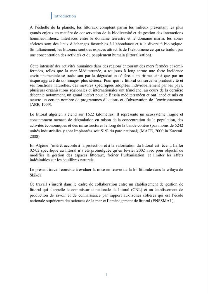 Létat de la mise en oeuvre de la loi 02-02-2002 de la protection et la valorisation de littoral dans la wilaya de Skikda