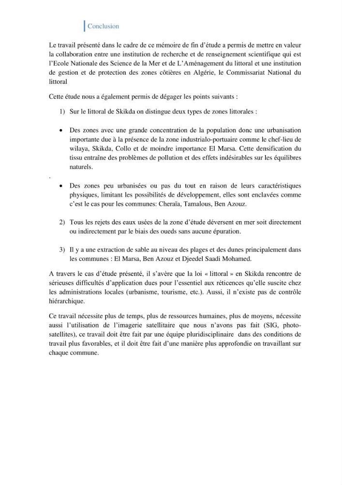 Létat de la mise en oeuvre de la loi 02-02-2002 de la protection et la valorisation de littoral dans la wilaya de Skikda