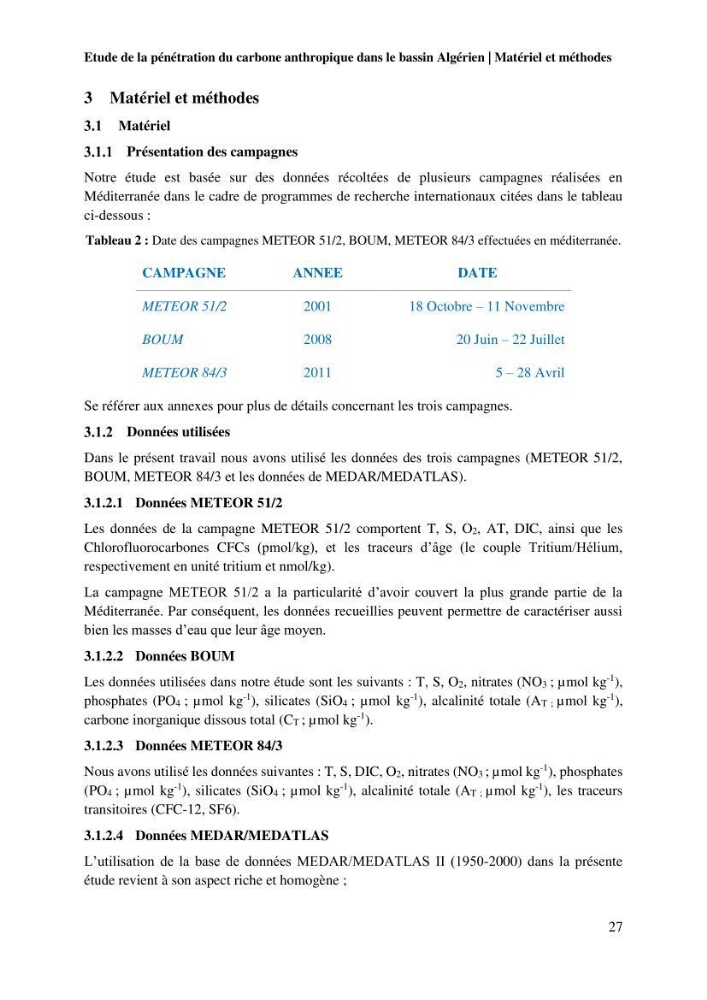 Etude de la pénétration du carbone anthropique dans le bassin algérien