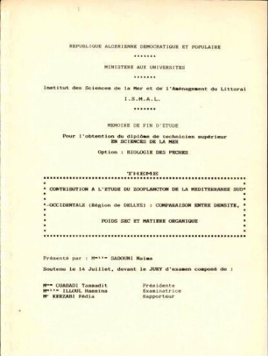 Contribution à l'étude du zooplancton de la Méditerrranée sud occidentale (région de Dellys) Contribution à l'étude du zooplancton de la Méditerrranée sud occidentale (région de Dellys)