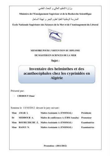 Inventaire des helminthes et des acanthocephales chez les cyprinidés en Algerie: Inventaire des helminthes et des acanthocephales chez les cyprinidés en Algerie: