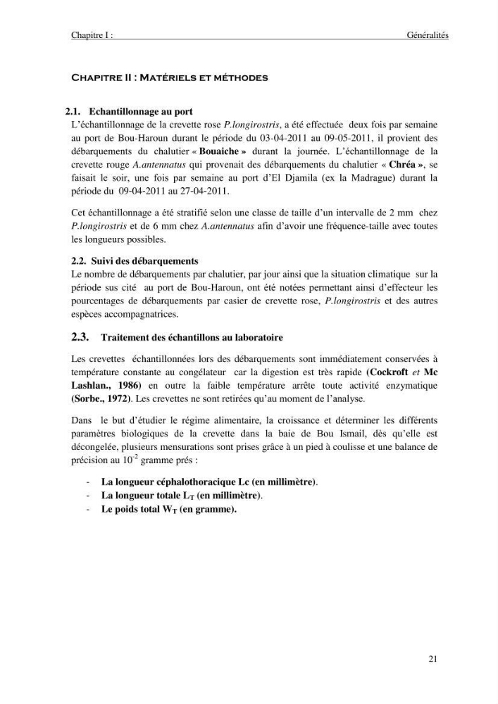 Contribution à l\'étude des crevettes (crustacés décapodes) de la baie de Bou-Ismail