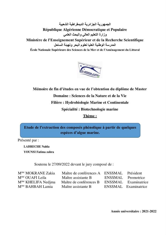 Etude de l\'extraction des composés phénoliques à partir de quelques espèces d\'algue marine