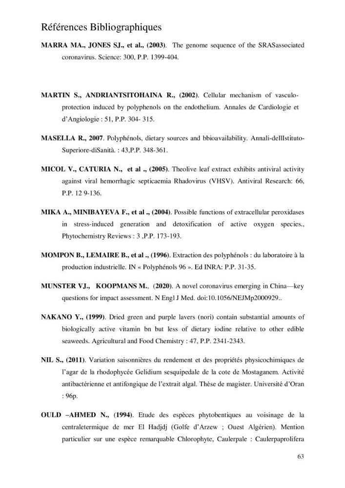 Etude de l\'extraction des composés phénoliques à partir de quelques espèces d\'algue marine