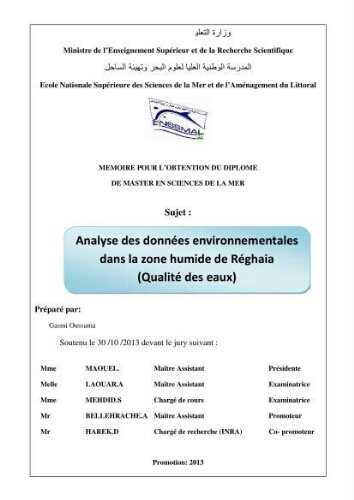Analyse des données environnementales dans la zone humide de Réghaia: qualité des eaux Analyse des données environnementales dans la zone humide de Réghaia: qualité des eaux