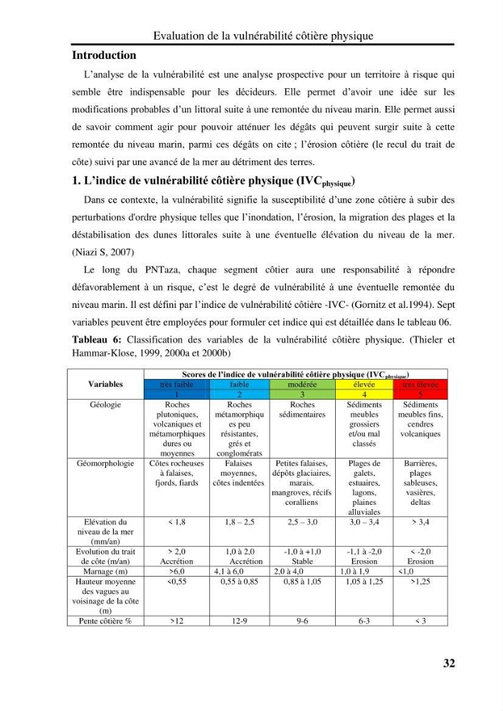 Evaluation de la vulnérabilité côtière du Parc National de Taza (wilaya de Jijel)