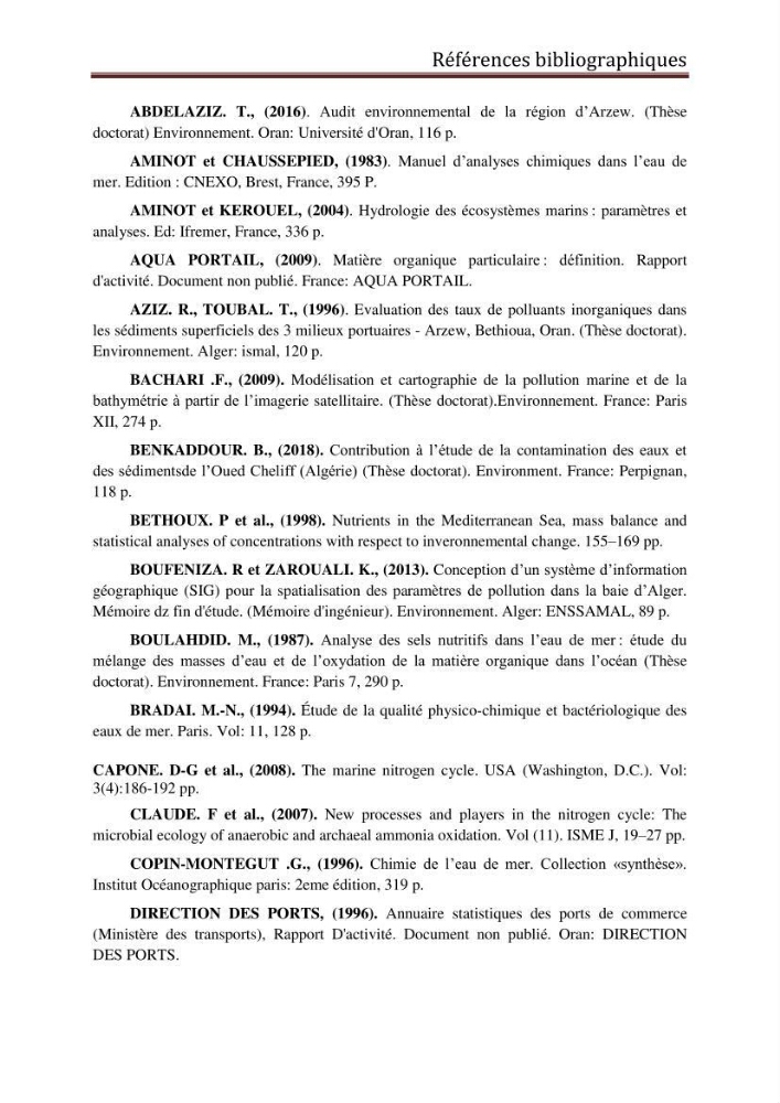 Contribution à l’évaluation de la qualité du milieu marin dans la cote oranaise (Golfe d’Arzew).: