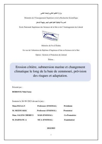 Érosion côtière, submersion marine et changement climatique le long de la baie de Zemmouri, prévision des risques et adaptation Érosion côtière, submersion marine et changement climatique le long de la baie de Zemmouri, prévision des risques et adaptation