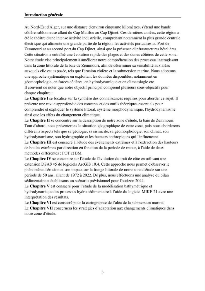 Érosion côtière, submersion marine et changement climatique le long de la baie de Zemmouri, prévision des risques et adaptation