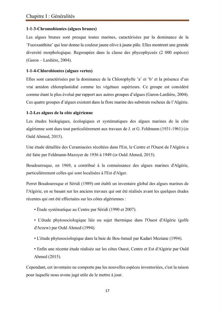Actualisation de la taxonomie et de l\'inventaire des chlorobiontes des côtes Algériennes et mise en évidence des espèces aquacole