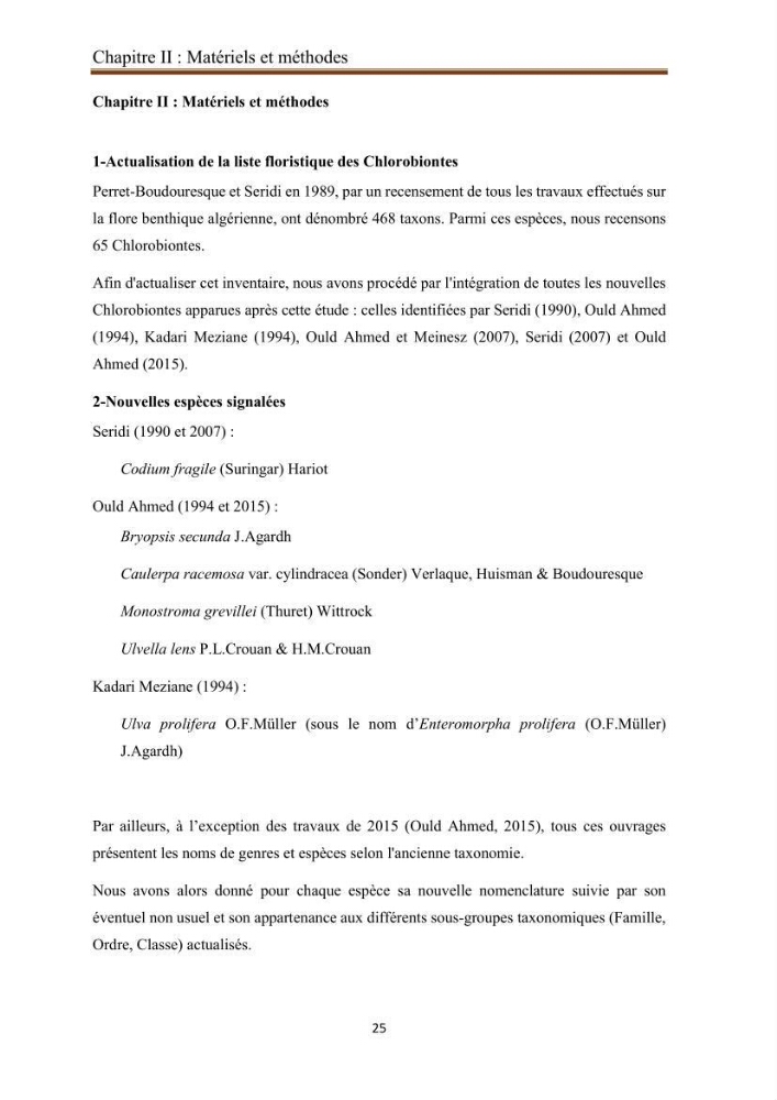 Actualisation de la taxonomie et de l\'inventaire des chlorobiontes des côtes Algériennes et mise en évidence des espèces aquacole