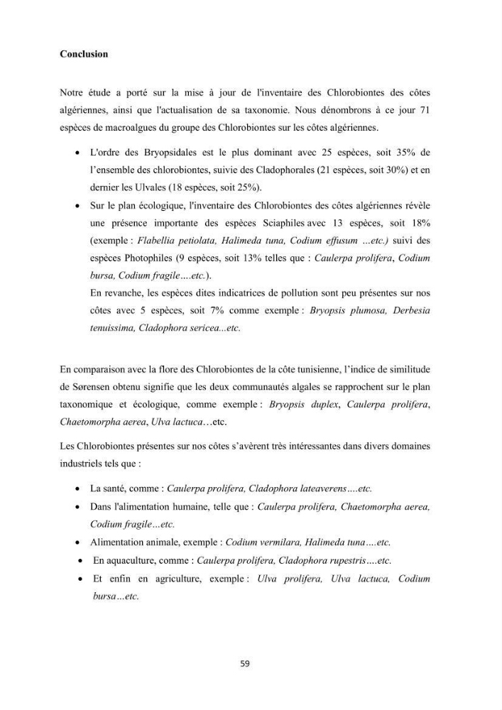Actualisation de la taxonomie et de l\'inventaire des chlorobiontes des côtes Algériennes et mise en évidence des espèces aquacole