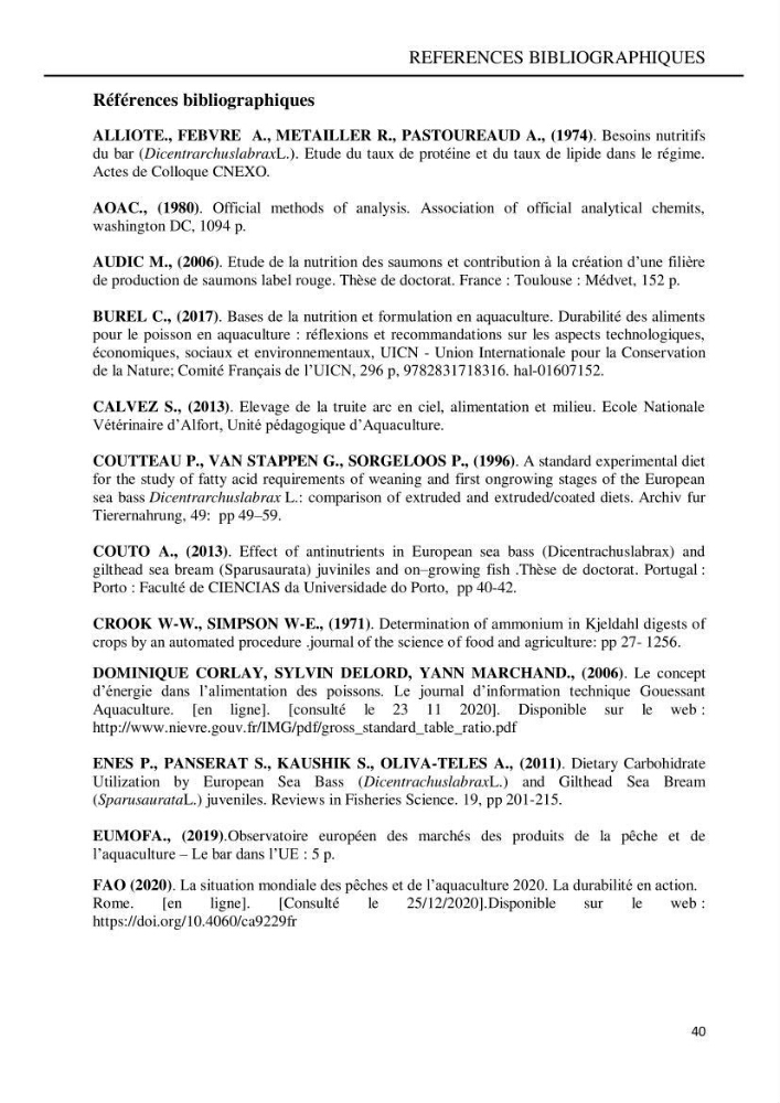 Contribution à l’élaboration d’un aliment composé destiné à l’élevage du loup de mer Dicentrachus labrax (Linnaeus, 1758)