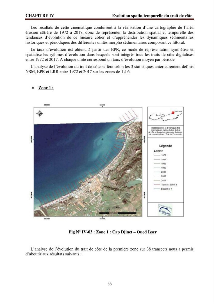 Modélisation de la dynamique et la cinématique à multi échelles du trait de côte et évaluation des zones à risques du littoral centre Algérien