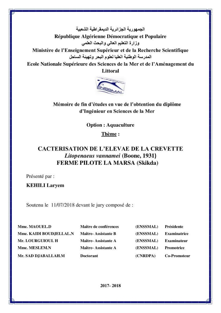 Caracterisation de l\'elevage de la crevette Litopenaeus vannamei ( boone,1931) Ferme Pilote la marsa (Skikda):