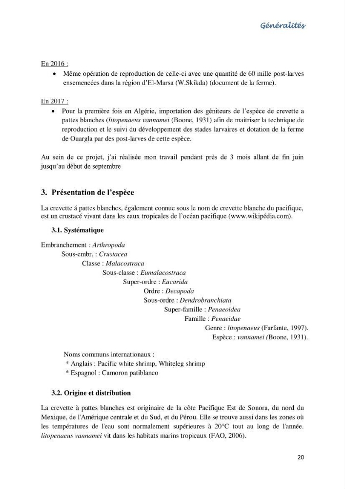 Caracterisation de l\'elevage de la crevette Litopenaeus vannamei ( boone,1931) Ferme Pilote la marsa (Skikda):
