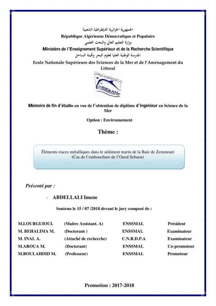 Eléments traces métalliques dans le sédiment marin de la Baie de Zemmouri : (Cas de l’embouchure de l’Oued Sebaou)