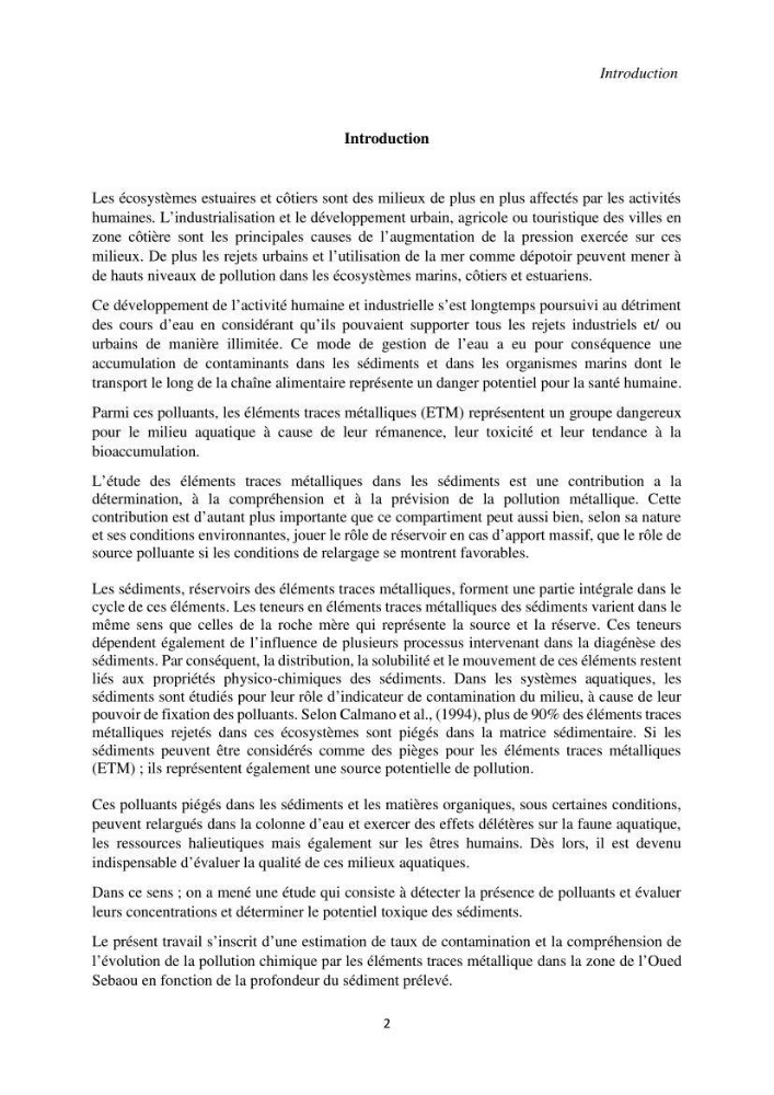 Eléments traces métalliques dans le sédiment marin de la Baie de Zemmouri : (Cas de l’embouchure de l’Oued Sebaou)